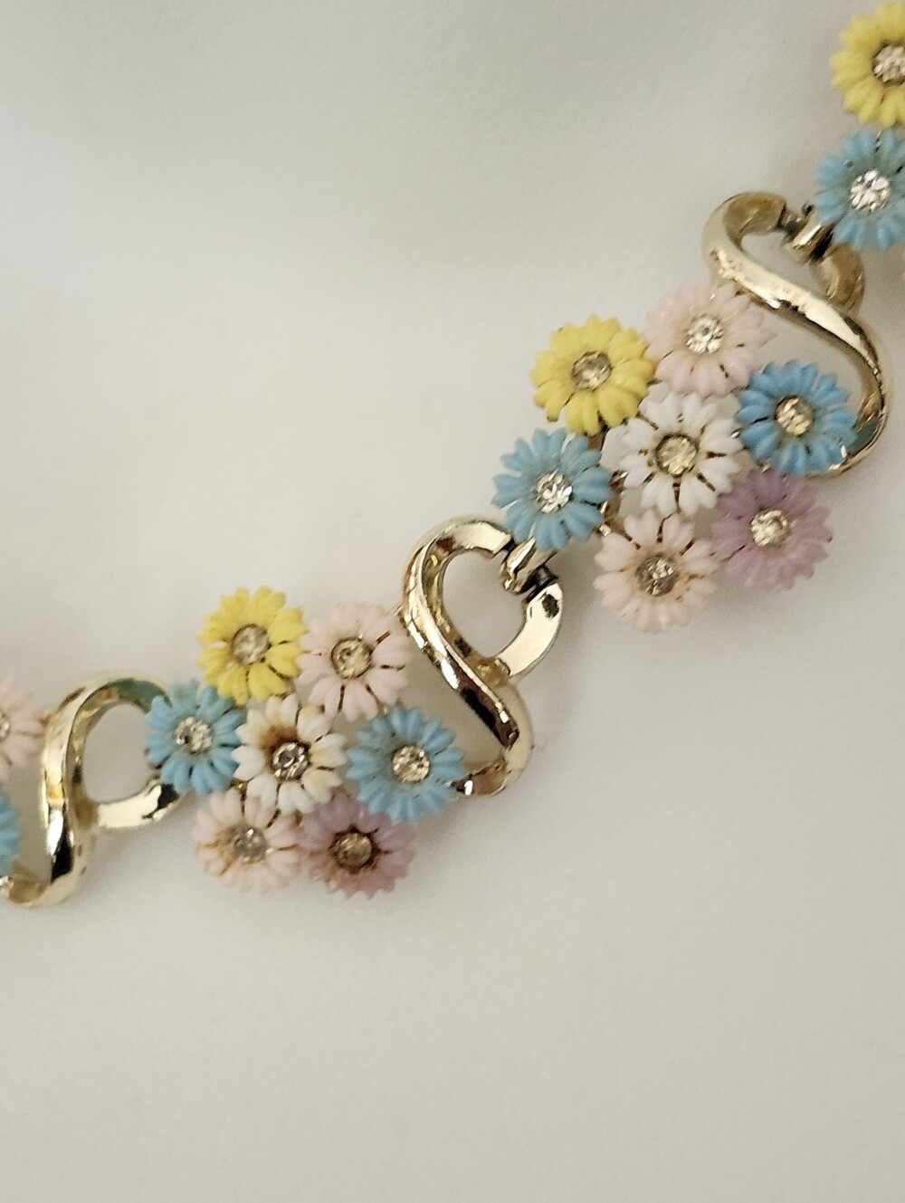 Vtg Pastel Floral Gold-Tone Necklace - Pink, Blue & Yellow - Picture 5 of 16